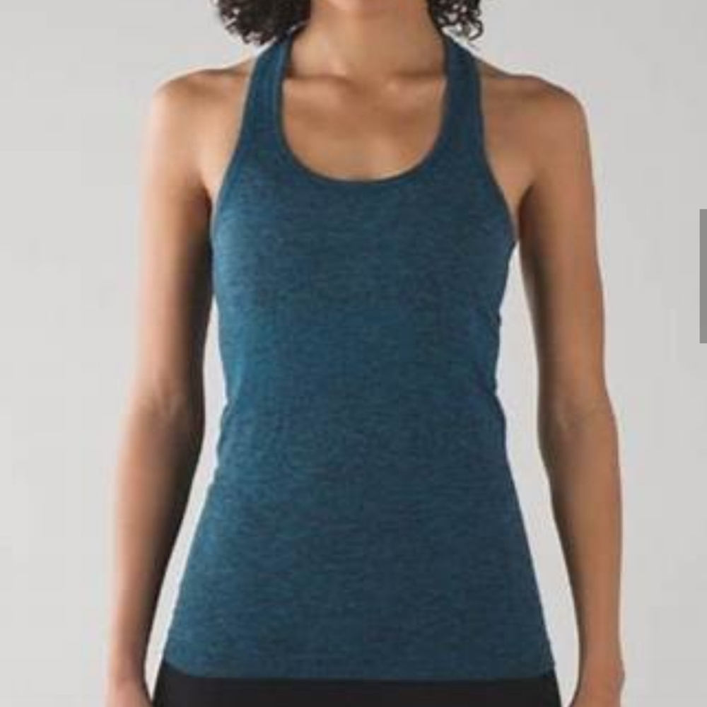 Lululemon Swiftly Tech Racerback blue Capri / Black sz 4  PERFECT gym top tennis